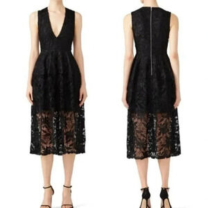 Nicholas Deep V Neck Floral Lace Midi Dress Black Size 2